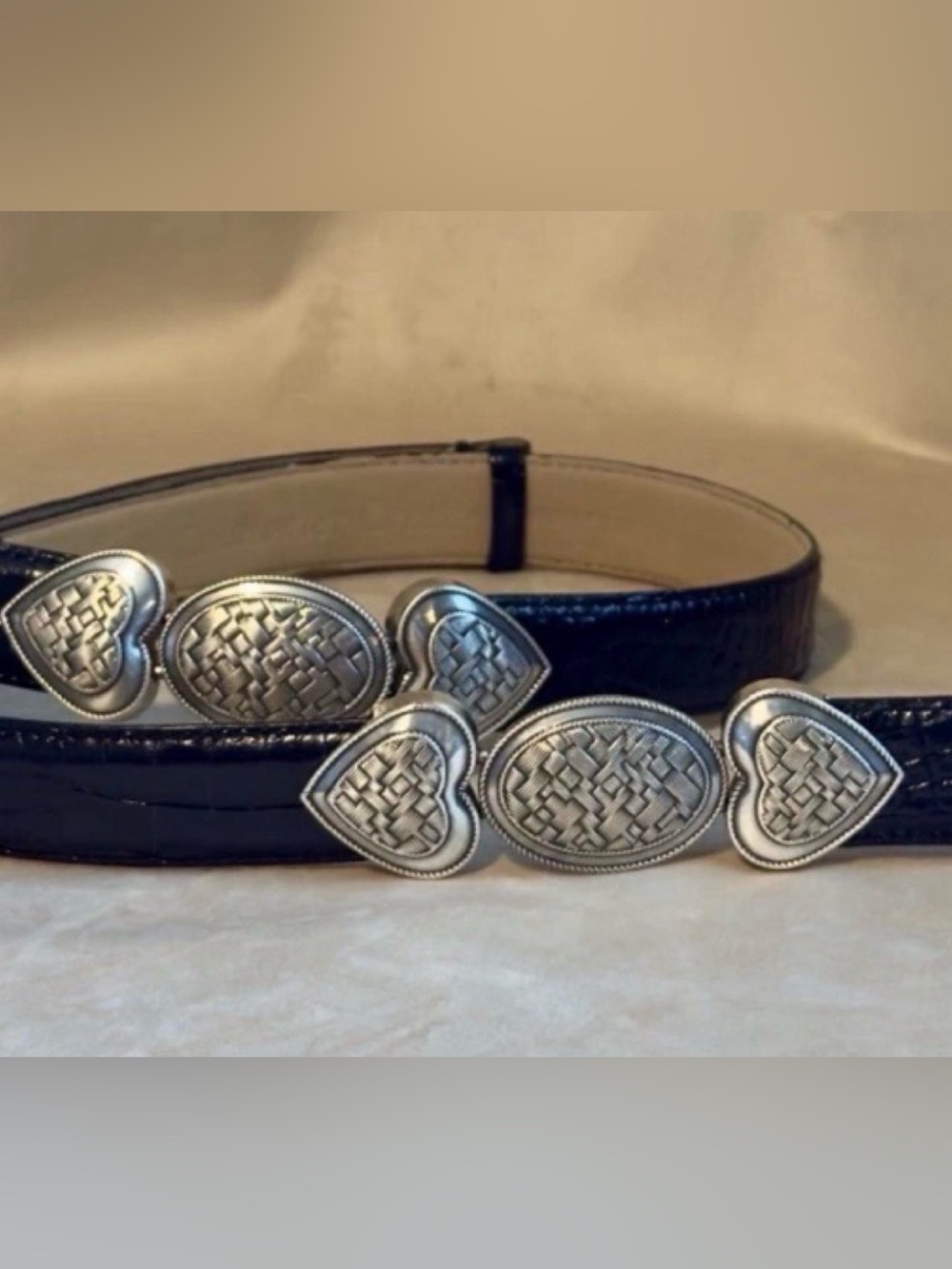 Vintage Coldwater Creek Black Belt with Silver Heart & Oval Conchos